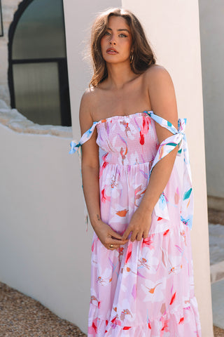 Pink Floral Print Knotted Shoulder Smocked Maxi Dress, A Blissfully Beautiful Boutique - A Blissfully Beautiful Boutique