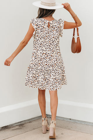 Khaki Leopard Ruffled Flutter Sleeve Keyhole Back Mini Dress, A Blissfully Beautiful Boutique - A Blissfully Beautiful Boutique