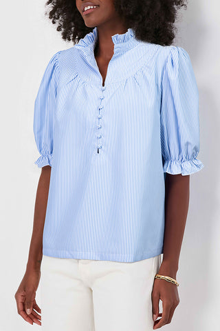 Sky Blue Stripe Ruffled Collar Puff Sleeve Half Buttons Blouse, A Blissfully Beautiful Boutique - A Blissfully Beautiful Boutique