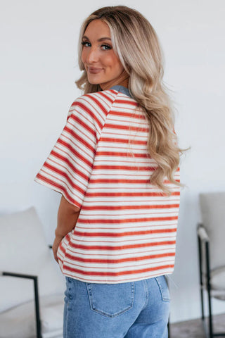 Tomato Red Stripe Print Contrast Collar Raglan Sleeve T Shirt, A Blissfully Beautiful Boutique - A Blissfully Beautiful Boutique