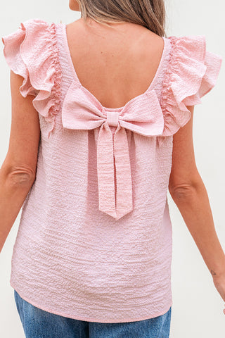 Gossamer Pink Textured Bow Knot Frilled Butterfly Sleeve Blouse, A Blissfully Beautiful Boutique - A Blissfully Beautiful Boutique