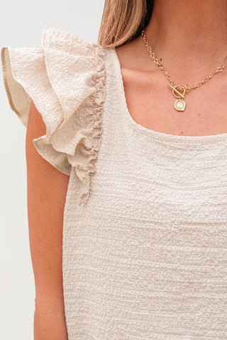 Beige Textured Bow Knot Frilled Butterfly Sleeve Blouse, A Blissfully Beautiful Boutique - A Blissfully Beautiful Boutique