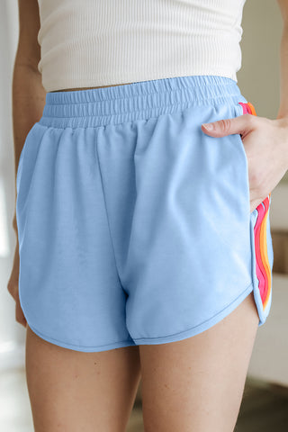 Beau Blue Color Block Stripes Elastic High Waist Active Shorts, A Blissfully Beautiful Boutique - A Blissfully Beautiful Boutique