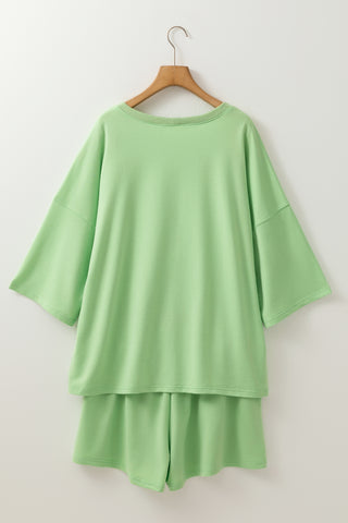 Meadow Mist Green Plus Size V Neck Drop Shoulder Tee Loose Shorts 2pcs Outfit, A Blissfully Beautiful Boutique - A Blissfully Beautiful Boutique