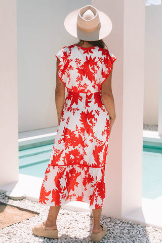 Red Floral Print Trimmed V Neck Ruffle Sleeve Long Dress, A Blissfully Beautiful Boutique - A Blissfully Beautiful Boutique
