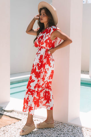 Red Floral Print Trimmed V Neck Ruffle Sleeve Long Dress, A Blissfully Beautiful Boutique - A Blissfully Beautiful Boutique