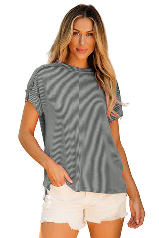 Medium Grey Textured Knit Exposed Stitching T-shirt, A Blissfully Beautiful Boutique - A Blissfully Beautiful Boutique