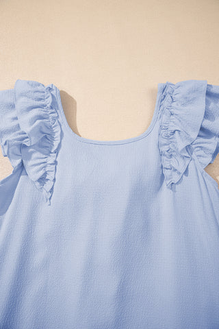 Beau Blue Textured Flutter Sleeve Square Neck Bow Back Mini Dress, A Blissfully Beautiful Boutique - A Blissfully Beautiful Boutique