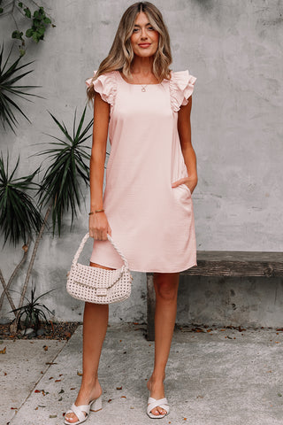 Light Pink Textured Flutter Sleeve Square Neck Bow Back Mini Dress, A Blissfully Beautiful Boutique - A Blissfully Beautiful Boutique