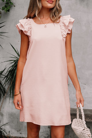 Light Pink Textured Flutter Sleeve Square Neck Bow Back Mini Dress, A Blissfully Beautiful Boutique - A Blissfully Beautiful Boutique