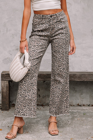 Brown Leopard Frayed Edge Wide Leg High Waist Jeans, A Blissfully Beautiful Boutique - A Blissfully Beautiful Boutique