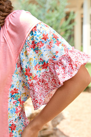 Pink Plus Size Floral Patchwork Ruffled Short Sleeve Blouse, A Blissfully Beautiful Boutique - A Blissfully Beautiful Boutique