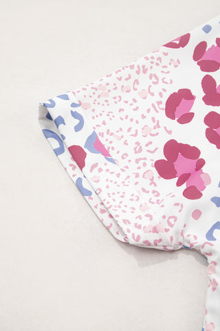 Pink Mixed Leopard Print V Neck Short Sleeve Blouse, A Blissfully Beautiful Boutique - A Blissfully Beautiful Boutique