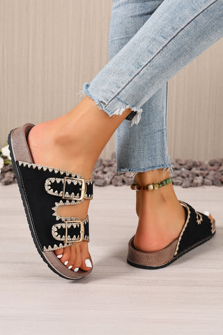 Black Embroidered Trim Retro Buckle Faux Suede Slippers, Dear-Lover Dropshipping - A Blissfully Beautiful Boutique
