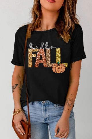 Black Hello Fall Letter Pumpkin Printed Thanksgiving T Shirt, Dear-Lover Dropshipping - A Blissfully Beautiful Boutique