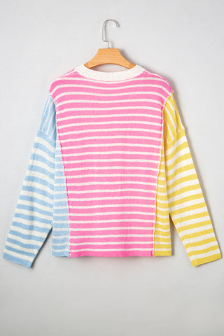 Multicolour Color Block Striped Patchwork Dolman Sleeve Slit Sweater, Dear-Lover Dropshipping - A Blissfully Beautiful Boutique
