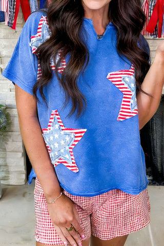 Sky Blue Patriot Star Patched Notched Neck Mineral Washed Tee, Dear-Lover Dropshipping - A Blissfully Beautiful Boutique