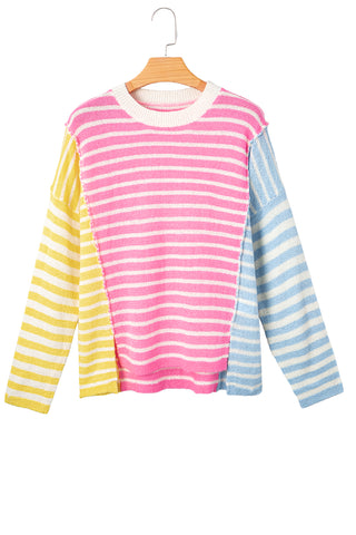 Multicolour Color Block Striped Patchwork Dolman Sleeve Slit Sweater, Dear-Lover Dropshipping - A Blissfully Beautiful Boutique
