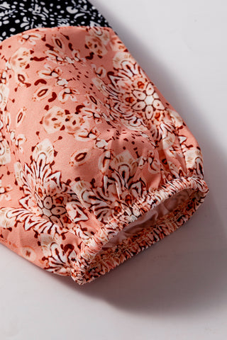 Beige Floral Patchwork Textured Knit Drawstring V Neck Blouse, A Blissfully Beautiful Boutique - A Blissfully Beautiful Boutique