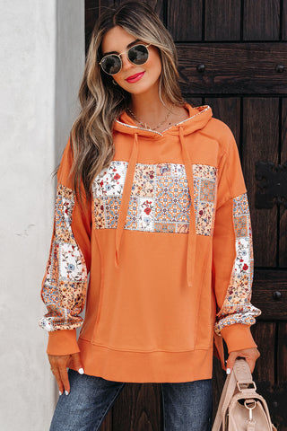 Flamingo Mix Floral Patchwork Side Slit Drawstring Hoodie, Dear-Lover Dropshipping - A Blissfully Beautiful Boutique