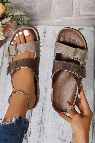 Coffee Leopard Two-tone Retro Buckle Straps Hollowed Faux Suede Slippers, Dear-Lover Dropshipping - A Blissfully Beautiful Boutique