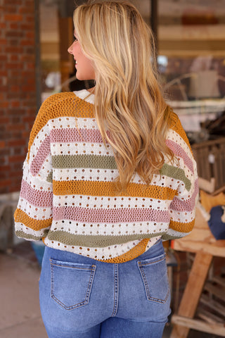 Multicolor Striped Hollowed Knitted Loose Sweater, A Blissfully Beautiful Boutique - A Blissfully Beautiful Boutique