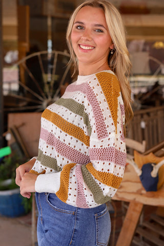 Multicolor Striped Hollowed Knitted Loose Sweater, A Blissfully Beautiful Boutique - A Blissfully Beautiful Boutique