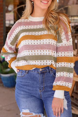 Multicolor Striped Hollowed Knitted Loose Sweater, A Blissfully Beautiful Boutique - A Blissfully Beautiful Boutique