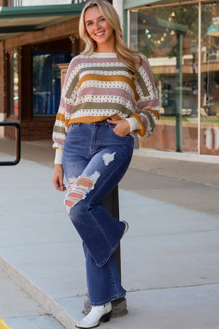 Multicolor Striped Hollowed Knitted Loose Sweater, A Blissfully Beautiful Boutique - A Blissfully Beautiful Boutique