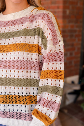 Multicolor Striped Hollowed Knitted Loose Sweater, A Blissfully Beautiful Boutique - A Blissfully Beautiful Boutique