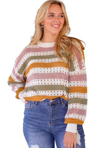 Multicolor Striped Hollowed Knitted Loose Sweater, A Blissfully Beautiful Boutique - A Blissfully Beautiful Boutique