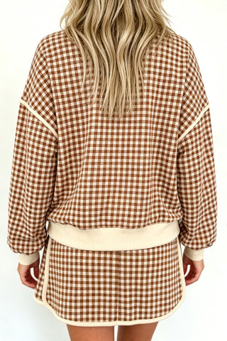 Red Gingham Oversized Ribbed Trim Crew Neck Long Sleeve Top and Skort Set