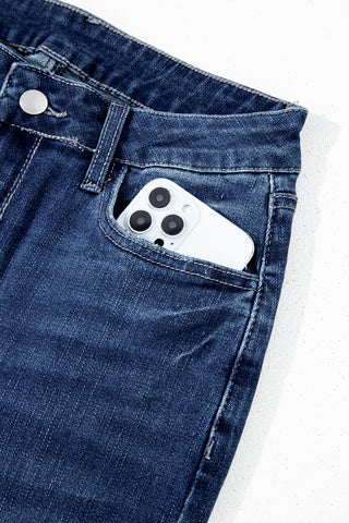 Sail Blue Mineral Wash Raw Hem High Waist Flared Jeans, A Blissfully Beautiful Boutique - A Blissfully Beautiful Boutique