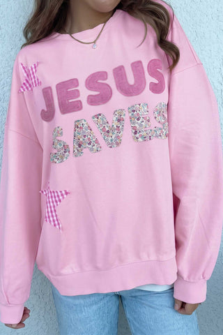 Pink Patchwork Stars Plaid Unique Floral Letters Baggy Sweatshirt