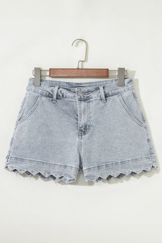 Dusk Blue Scalloped Hemline Acid Wash High Waist Denim Shorts