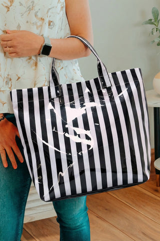 Color black Glossy Striped Vinyl Large Tote Bag, Dear-Lover Dropshipping - A Blissfully Beautiful Boutique