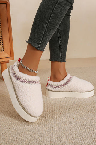 White Embroidered Sherpa Plush Thick Sole Winter Slippers, Dear-Lover Dropshipping - A Blissfully Beautiful Boutique