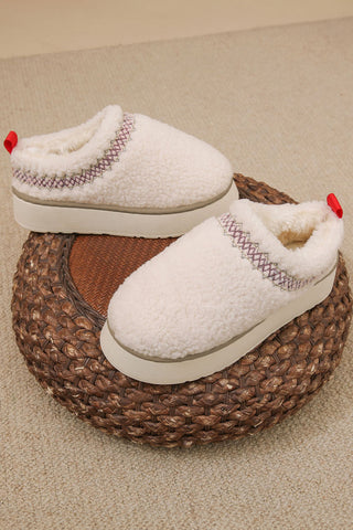 White Embroidered Sherpa Plush Thick Sole Winter Slippers, Dear-Lover Dropshipping - A Blissfully Beautiful Boutique