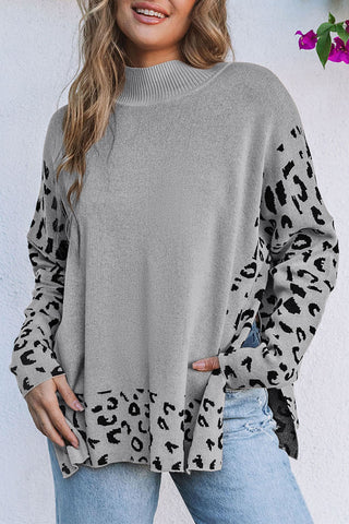 Gray Leopard High Neck Side Slit Oversized Sweater, A Blissfully Beautiful Boutique - A Blissfully Beautiful Boutique
