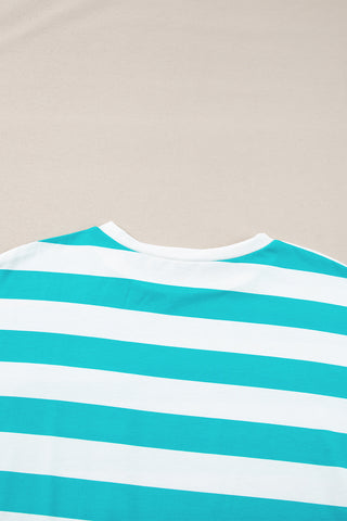 Blue Stripe Contrast Patch Pocket Drop Sleeve T Shirt