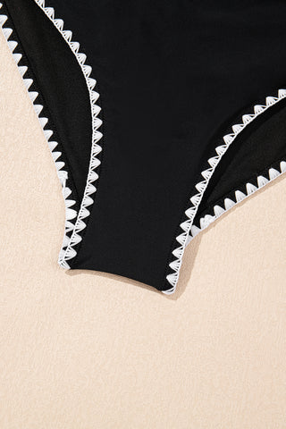 Black Ric Rac Trim Contrasted Patchwork Cutout One Piece Swimsuit, A Blissfully Beautiful Boutique - A Blissfully Beautiful Boutique