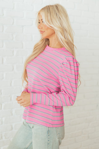 Rose Stripe Textured Knit Round Neck Long Sleeve Top, Dear-Lover Dropshipping - A Blissfully Beautiful Boutique