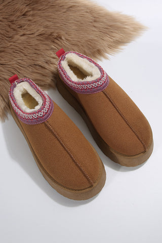 Chestnut Suede Contrast Print Round Toe Plush Lined Flats, Dear-Lover Dropshipping - A Blissfully Beautiful Boutique