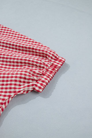 Red Plaid Short Sleeve Colorblock Trim Split Neck Blouse, Dear-Lover Dropshipping - A Blissfully Beautiful Boutique