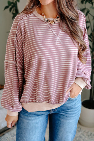 Pink Stripe Exposed Stitching Patchwork Casual Long Sleeve Top, Dear-Lover Dropshipping - A Blissfully Beautiful Boutique