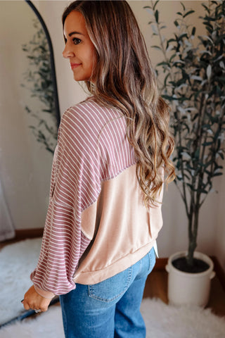 Pink Stripe Exposed Stitching Patchwork Casual Long Sleeve Top, Dear-Lover Dropshipping - A Blissfully Beautiful Boutique