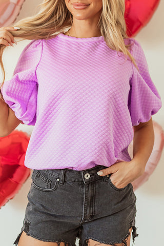 Phalaenopsis Solid Textured O Neck Puff Sleeve Blouse, A Blissfully Beautiful Boutique - A Blissfully Beautiful Boutique