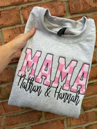Custom Pink Checkered Diamond Edge Applique Embroidered Sweatshirt, Merch Girls - A Blissfully Beautiful Boutique