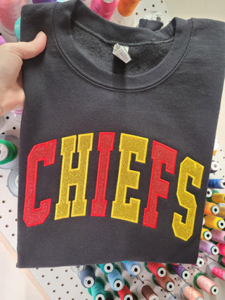 Varsity Two Color Glitter Applique with Name and Icon on Sleeve Embroidered CC Short Sleeve or Sweatshirt, Merch Girls - A Blissfully Beautiful Boutique