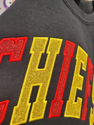 Varsity Two Color Glitter Applique with Name and Icon on Sleeve Embroidered CC Short Sleeve or Sweatshirt, Merch Girls - A Blissfully Beautiful Boutique
